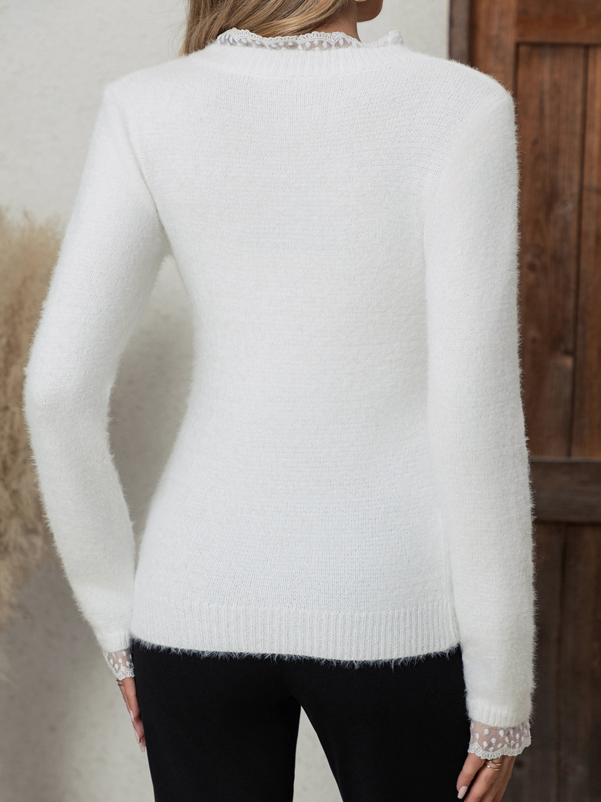 Fluffy Lace Trim Mock Neck Sweater - White - 1