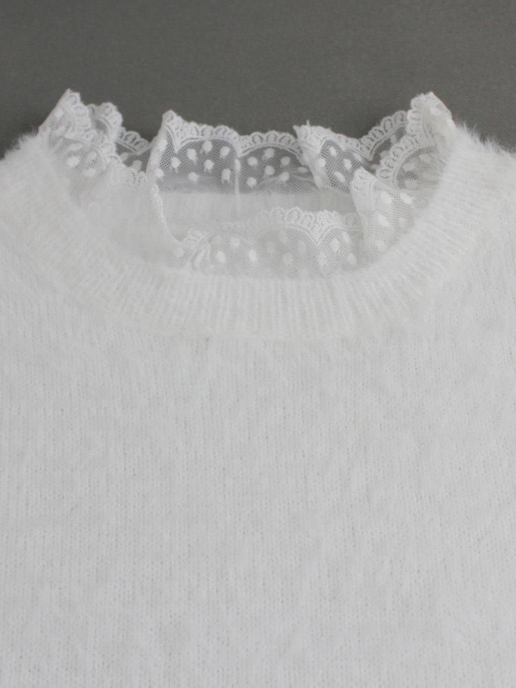 Fluffy Lace Trim Mock Neck Sweater - White - 4