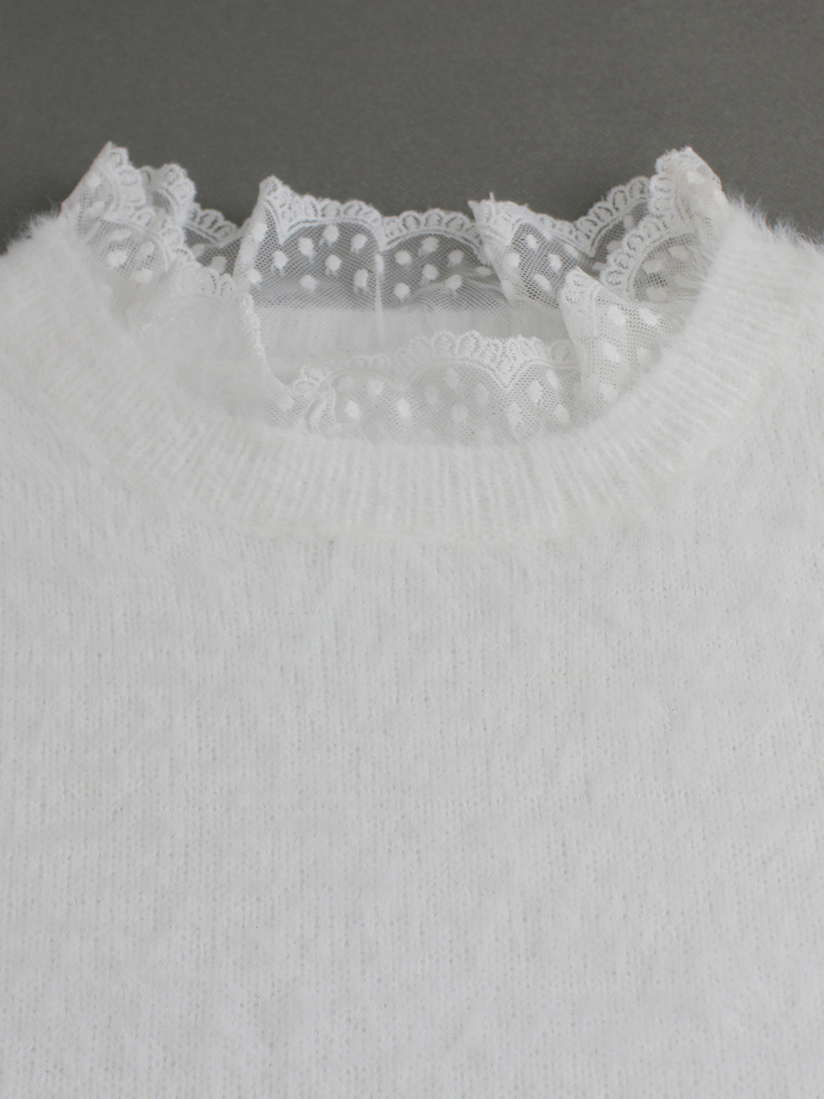 Fluffy Lace Trim Mock Neck Sweater - White - 4