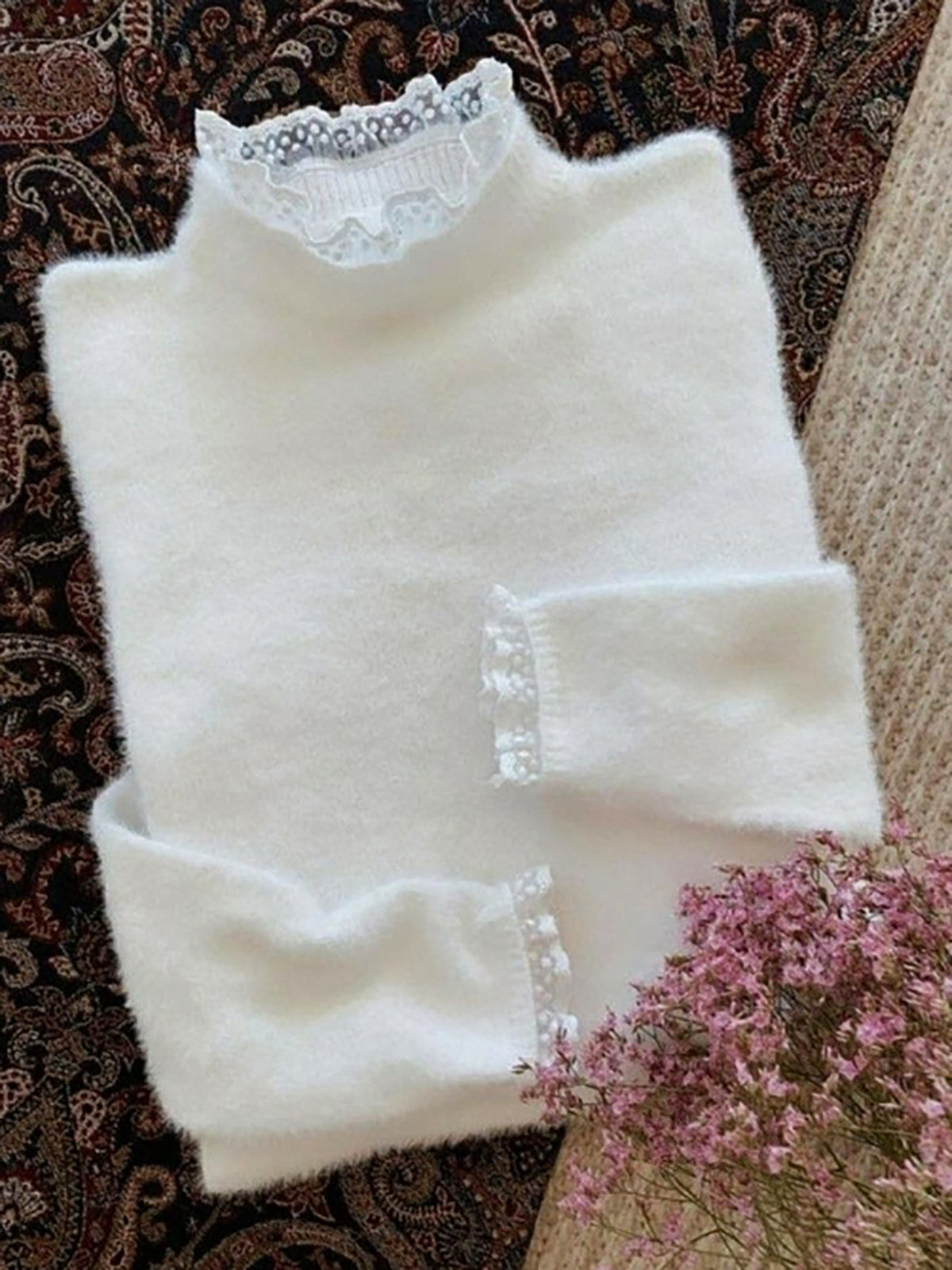 Fluffy Lace Trim Mock Neck Sweater - White - 6