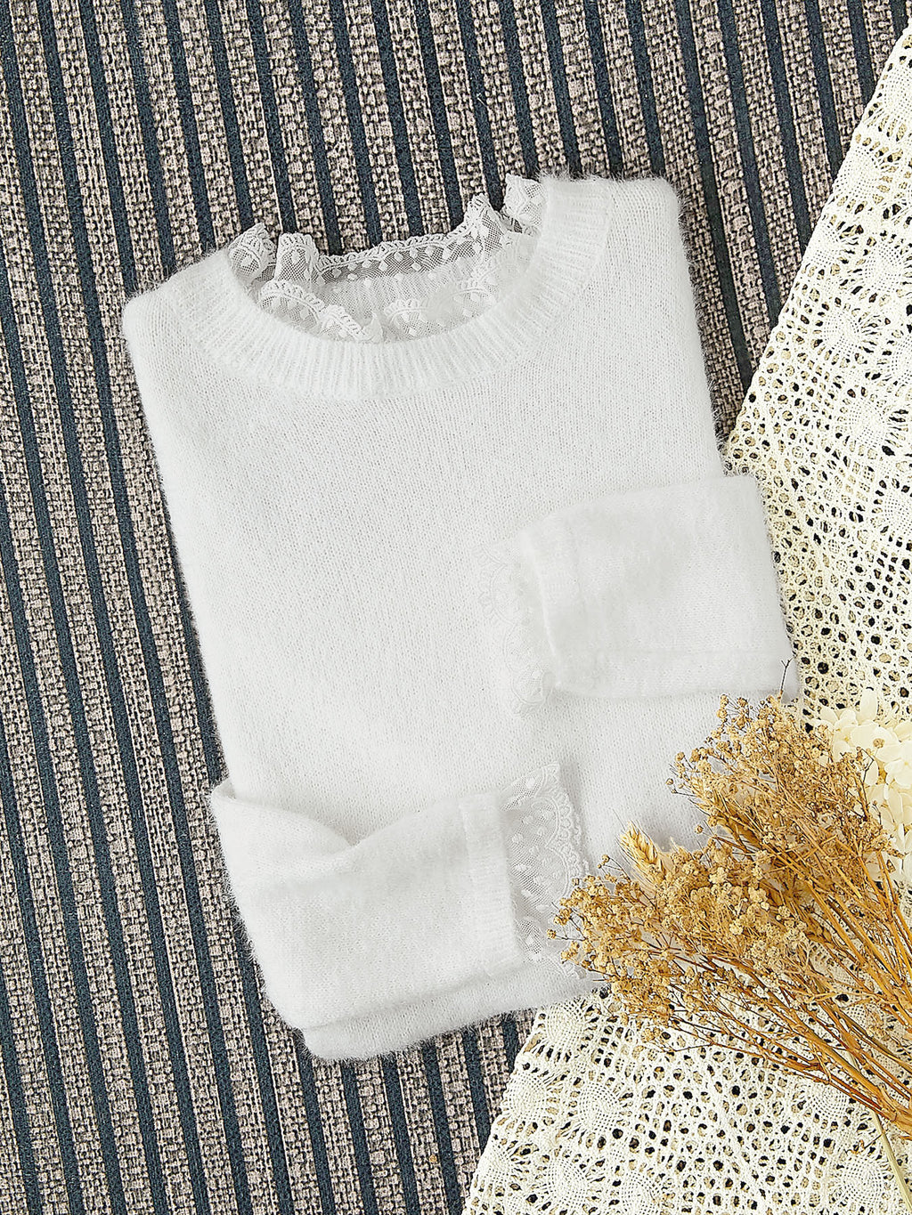 Fluffy Lace Trim Mock Neck Sweater - White - 7