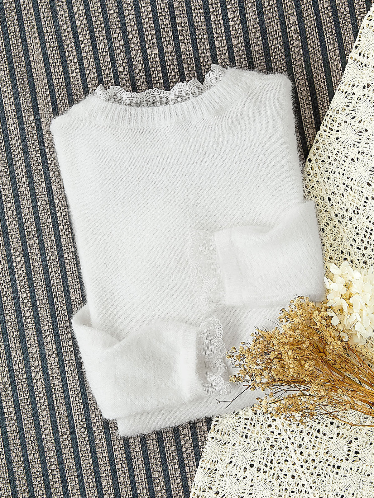 Fluffy Lace Trim Mock Neck Sweater - White - 8