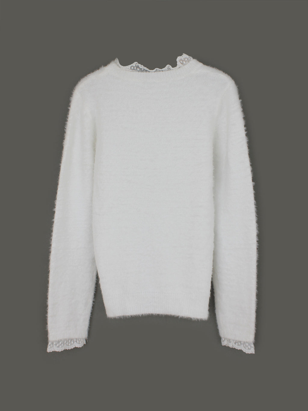 Fluffy Lace Trim Mock Neck Sweater - White - 9