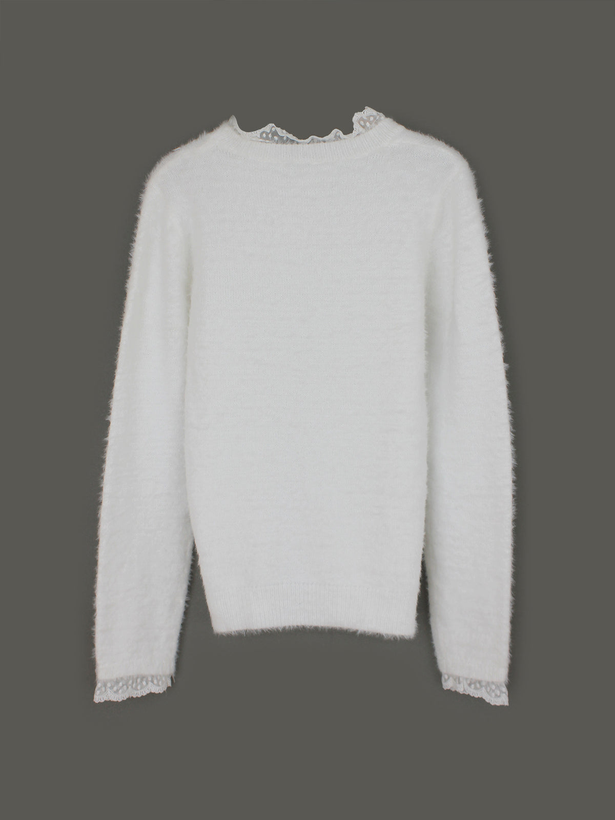 Fluffy Lace Trim Mock Neck Sweater - White - 9
