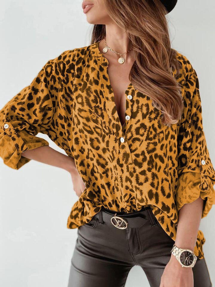 Leopard Print Roll Sleeve Loose Shirt - Yellow