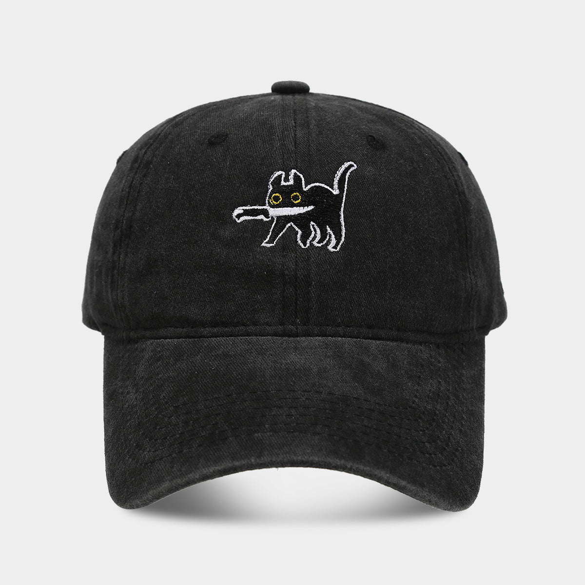 Embroidered Cartoon Cat Washed Baseball Cap - Black