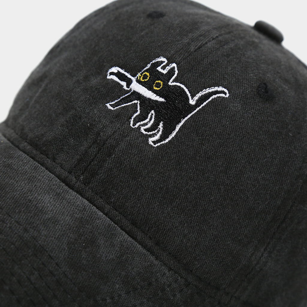 Embroidered Cartoon Cat Washed Baseball Cap - Black - 1