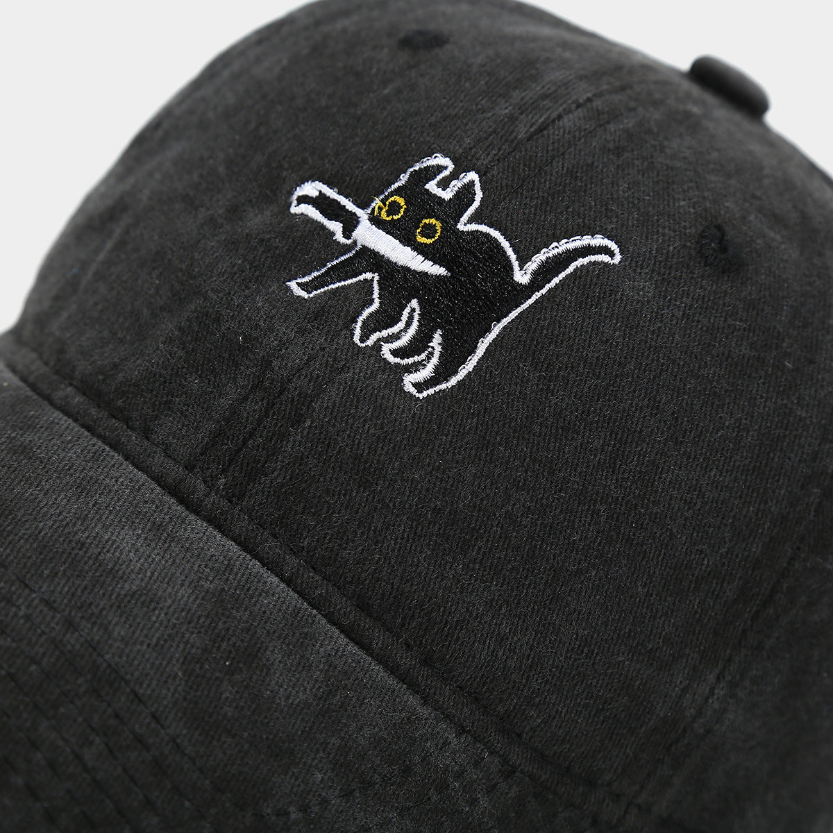 Embroidered Cartoon Cat Washed Baseball Cap - Black - 1