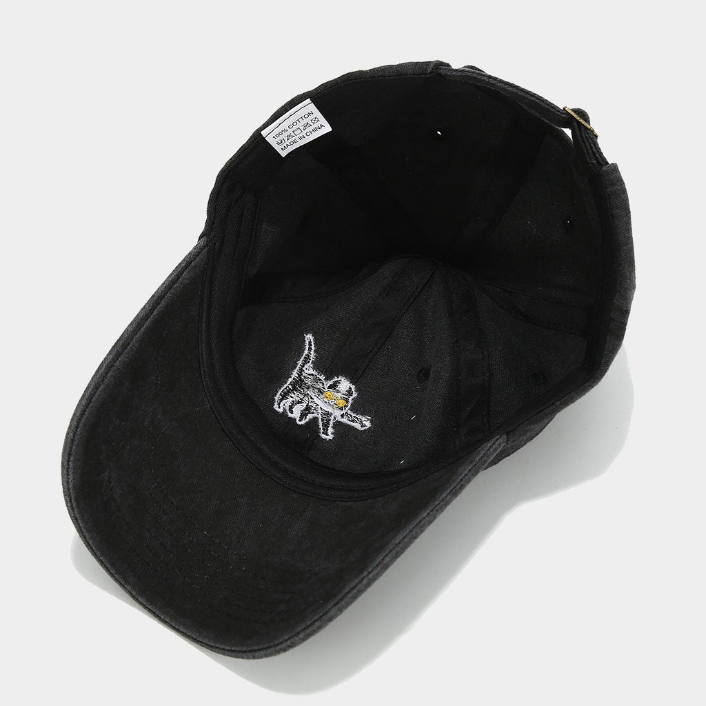 Embroidered Cartoon Cat Washed Baseball Cap - Black - 2