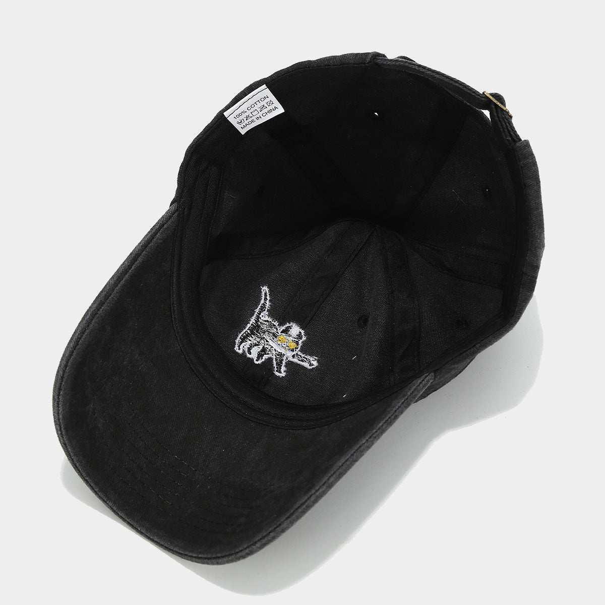 Embroidered Cartoon Cat Washed Baseball Cap - Black - 2