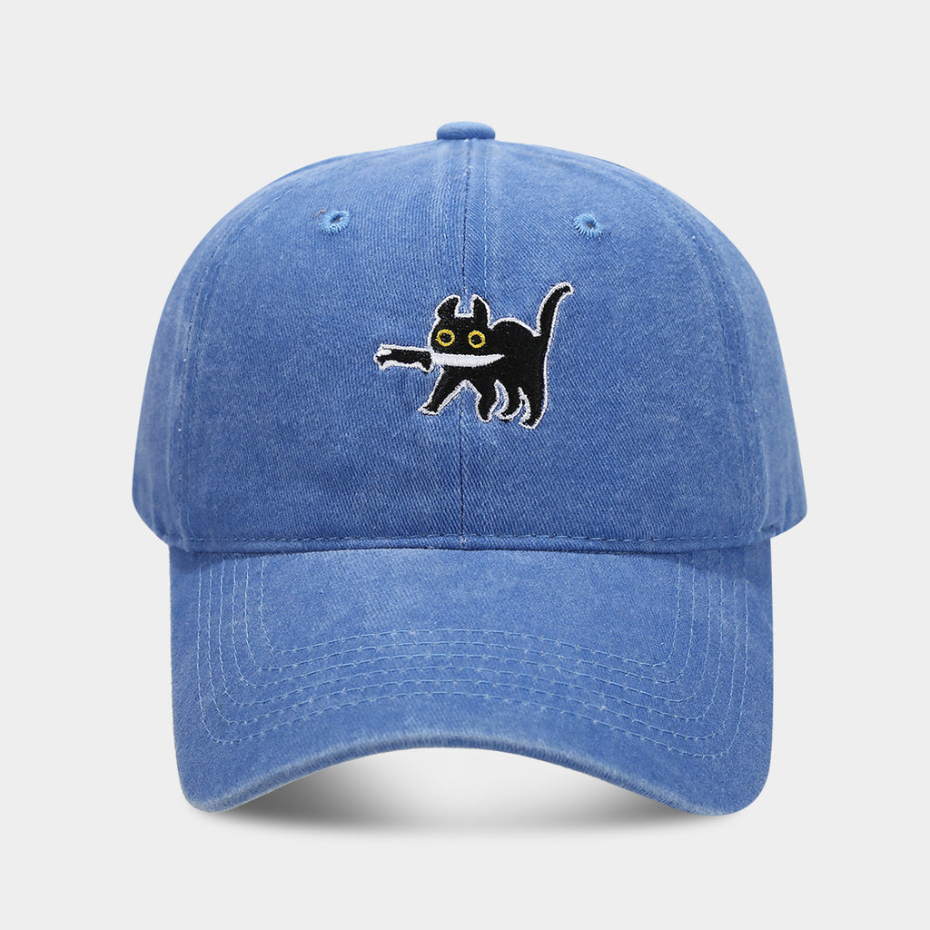 Embroidered Cartoon Cat Washed Baseball Cap - Blue