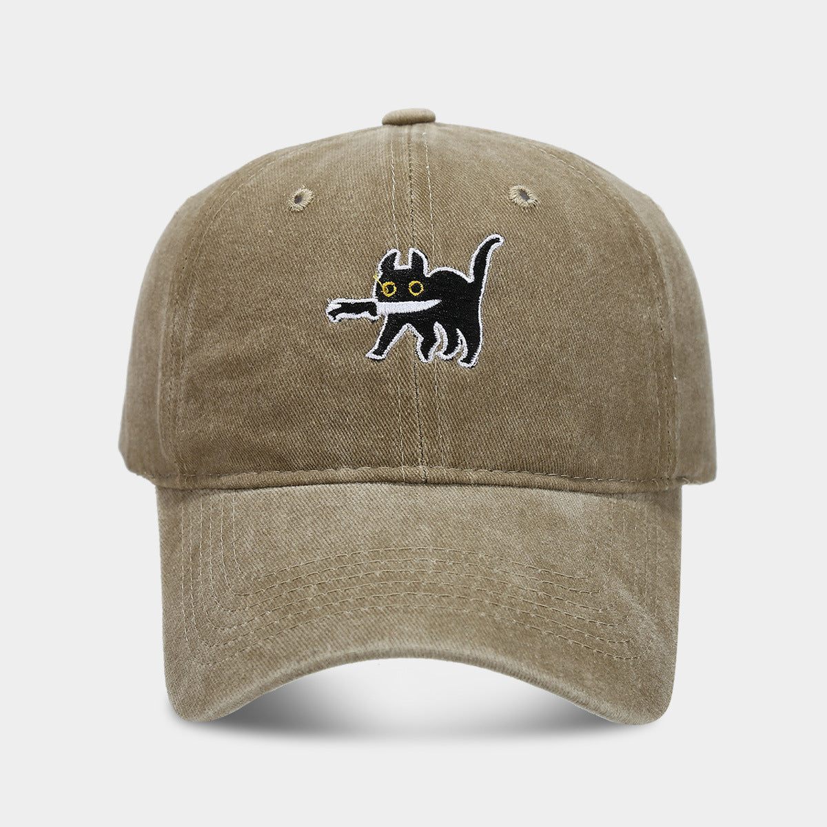 Embroidered Cartoon Cat Washed Baseball Cap - Khaki