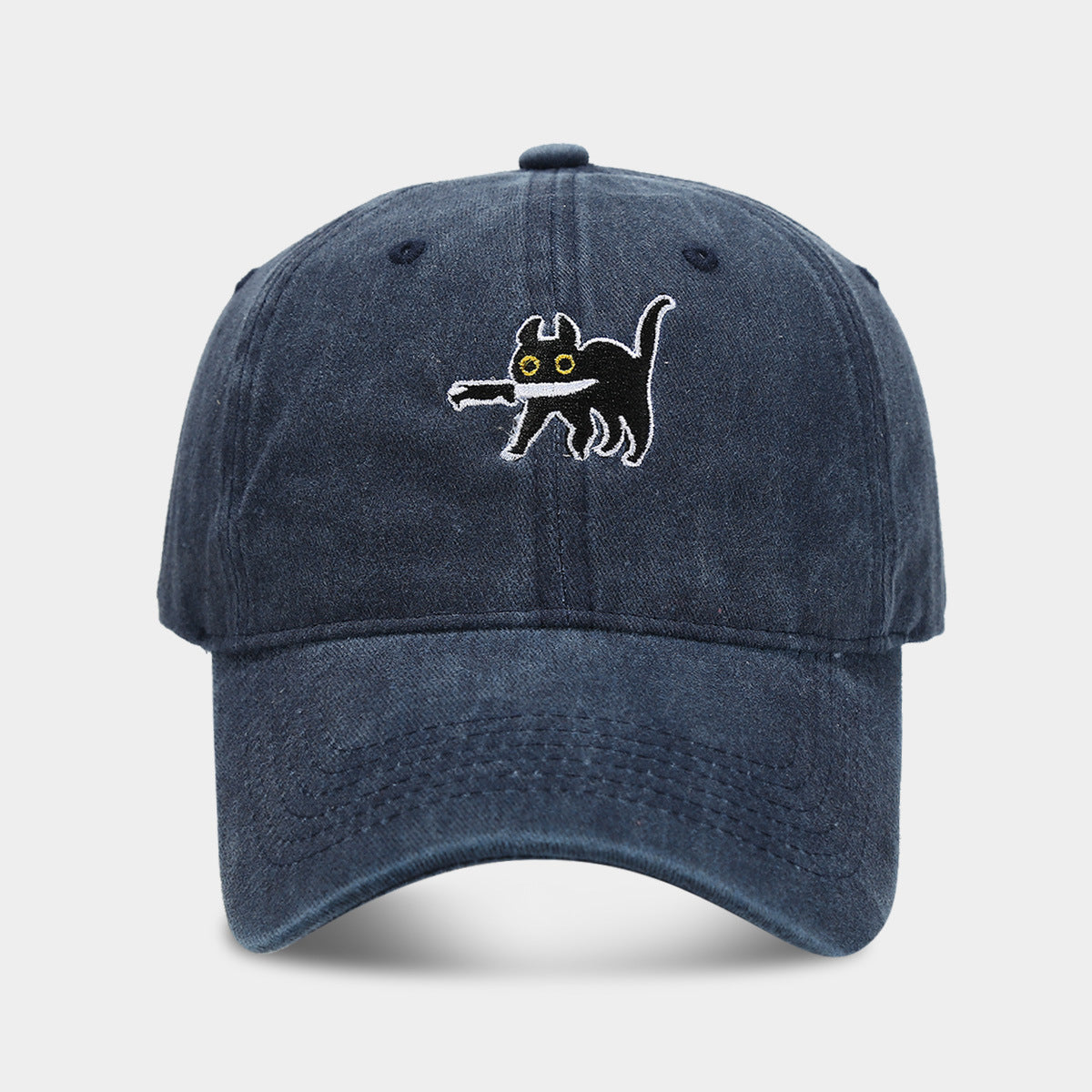 Embroidered Cartoon Cat Washed Baseball Cap - Navyblue