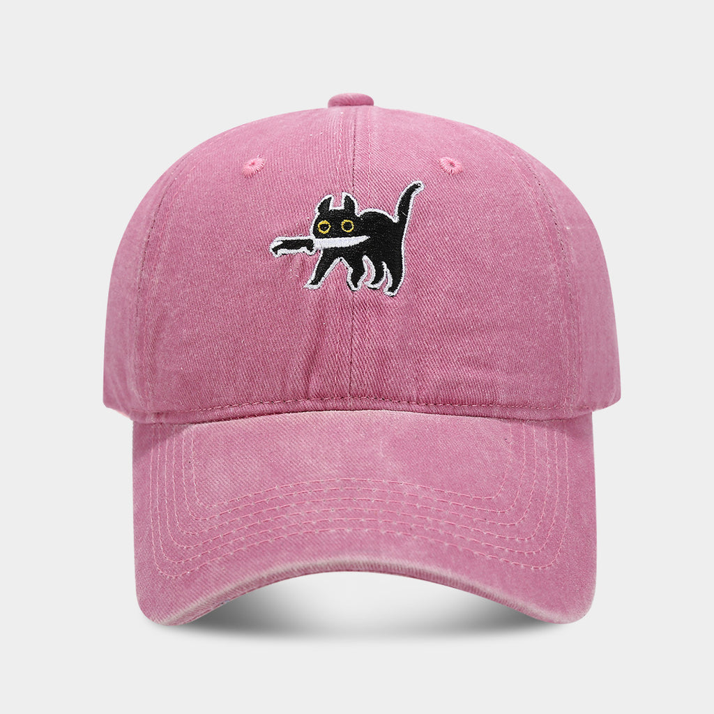 Embroidered Cartoon Cat Washed Baseball Cap - Pink