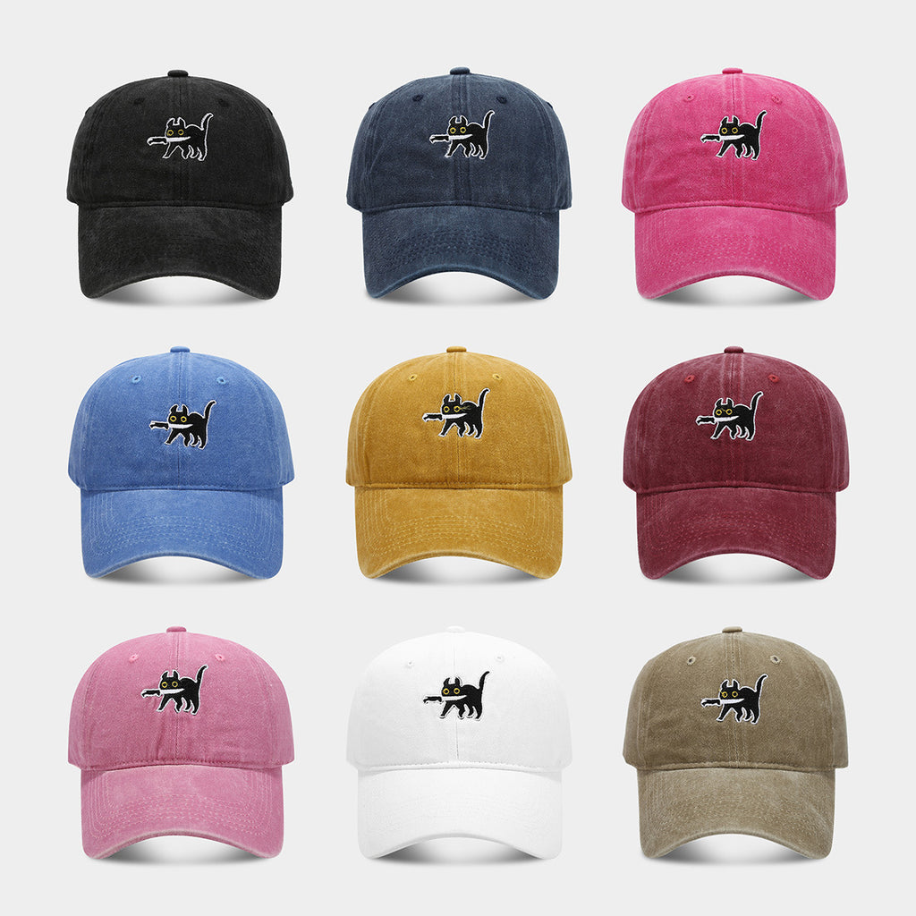 Embroidered Cartoon Cat Washed Baseball Cap - Pink - 1