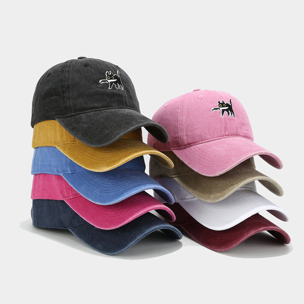 Embroidered Cartoon Cat Washed Baseball Cap - Pink - 2