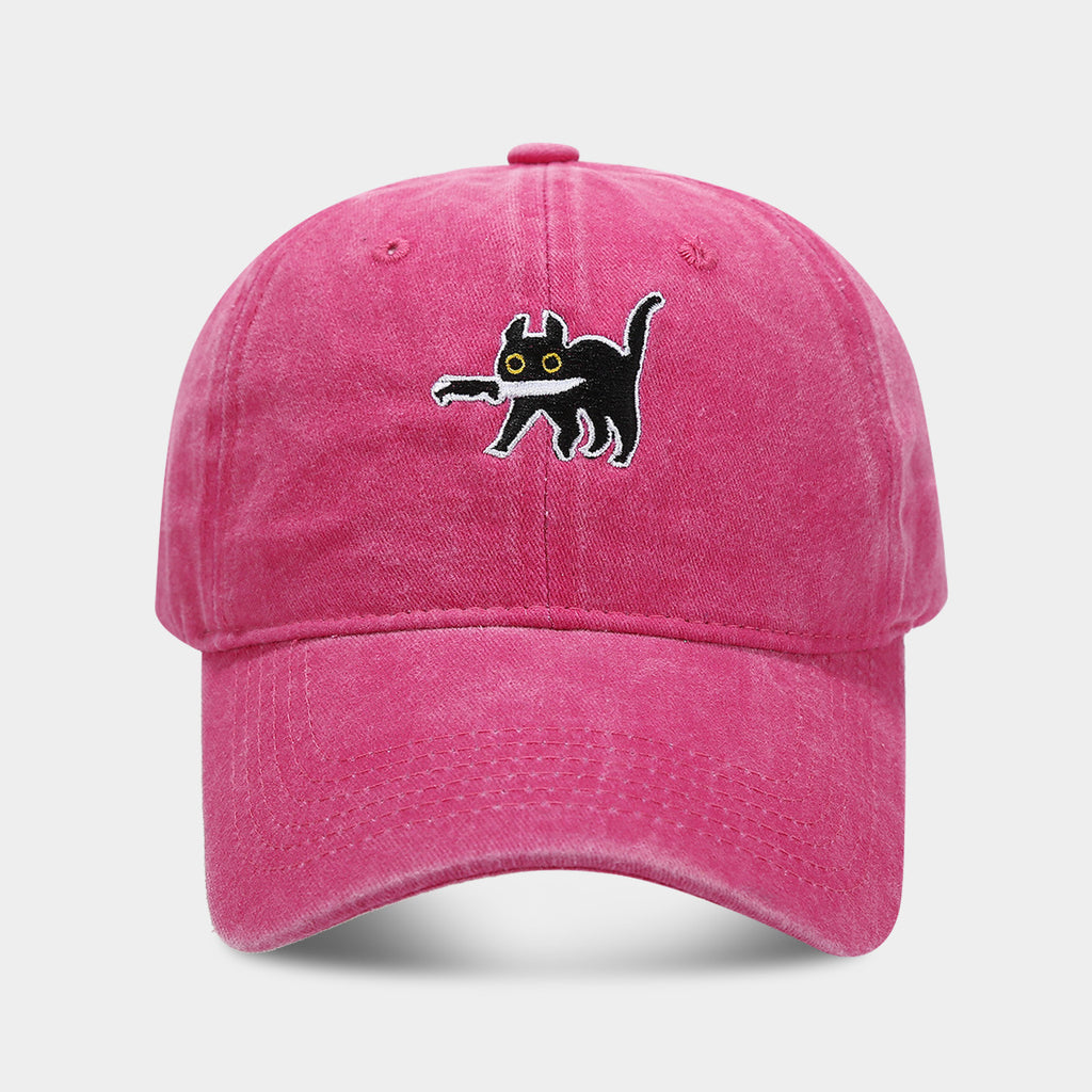 Embroidered Cartoon Cat Washed Baseball Cap - Rose_red