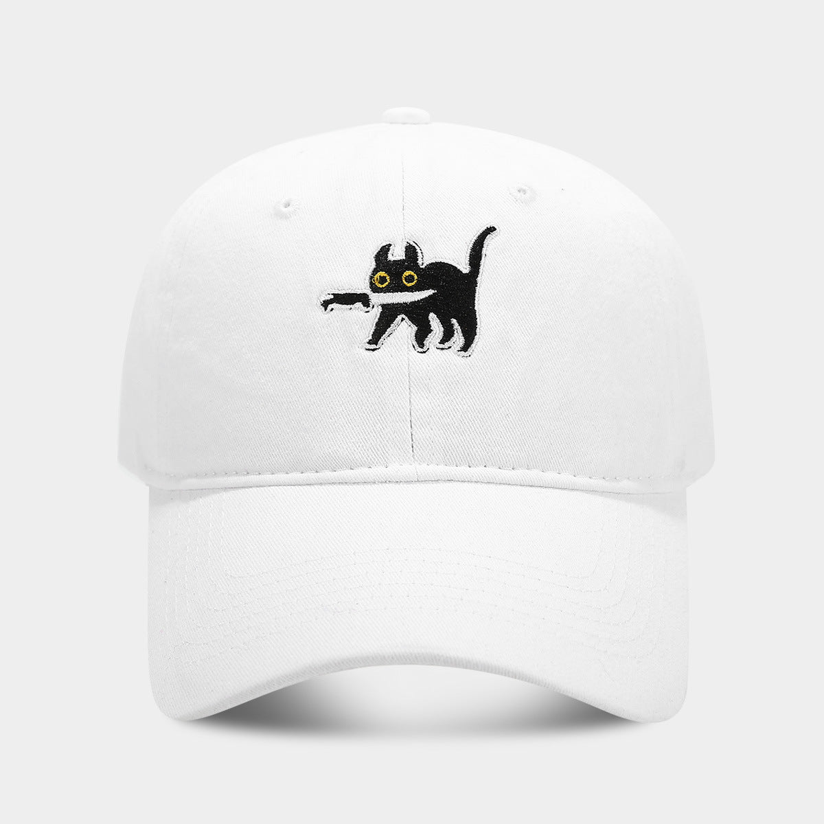 Embroidered Cartoon Cat Washed Baseball Cap - White