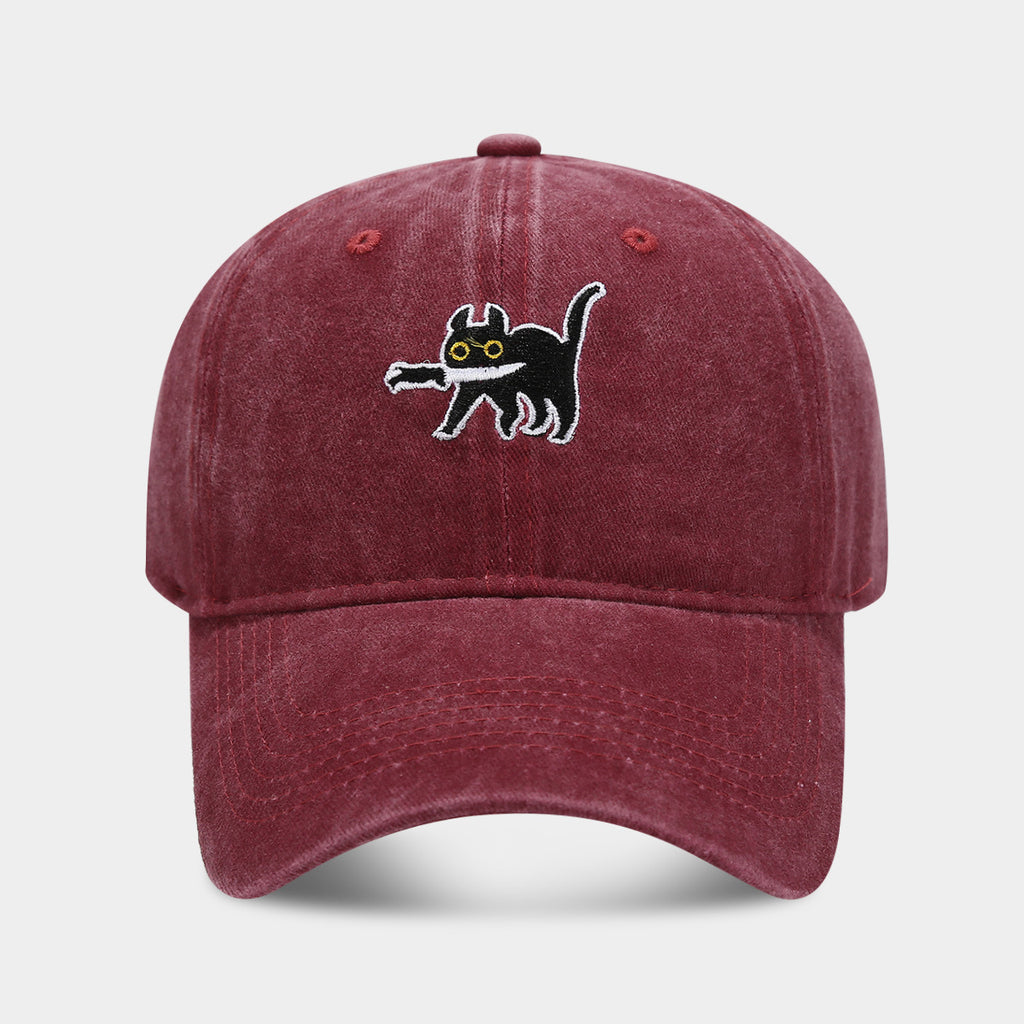 Embroidered Cartoon Cat Washed Baseball Cap - Wine_red