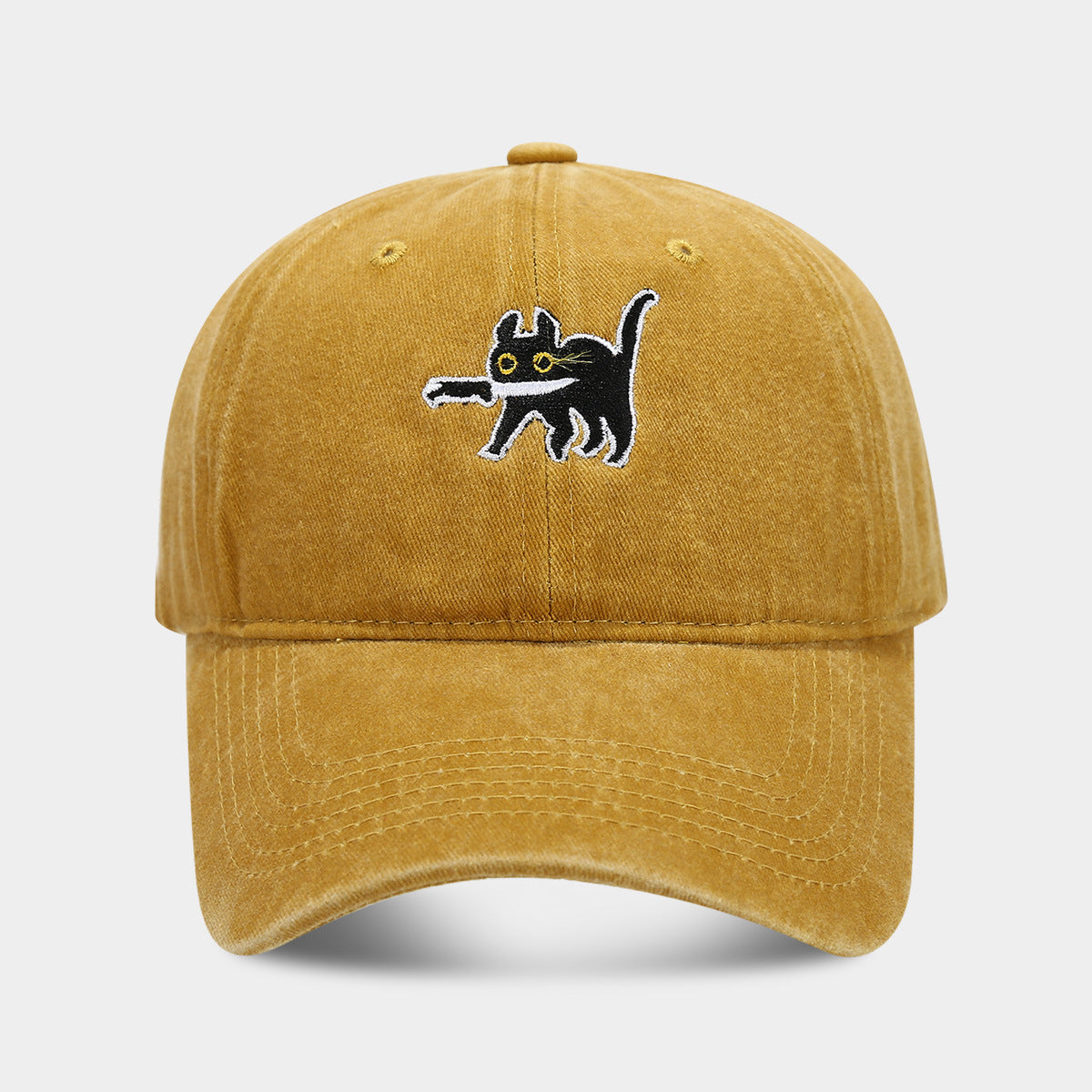 Embroidered Cartoon Cat Washed Baseball Cap - Yellow