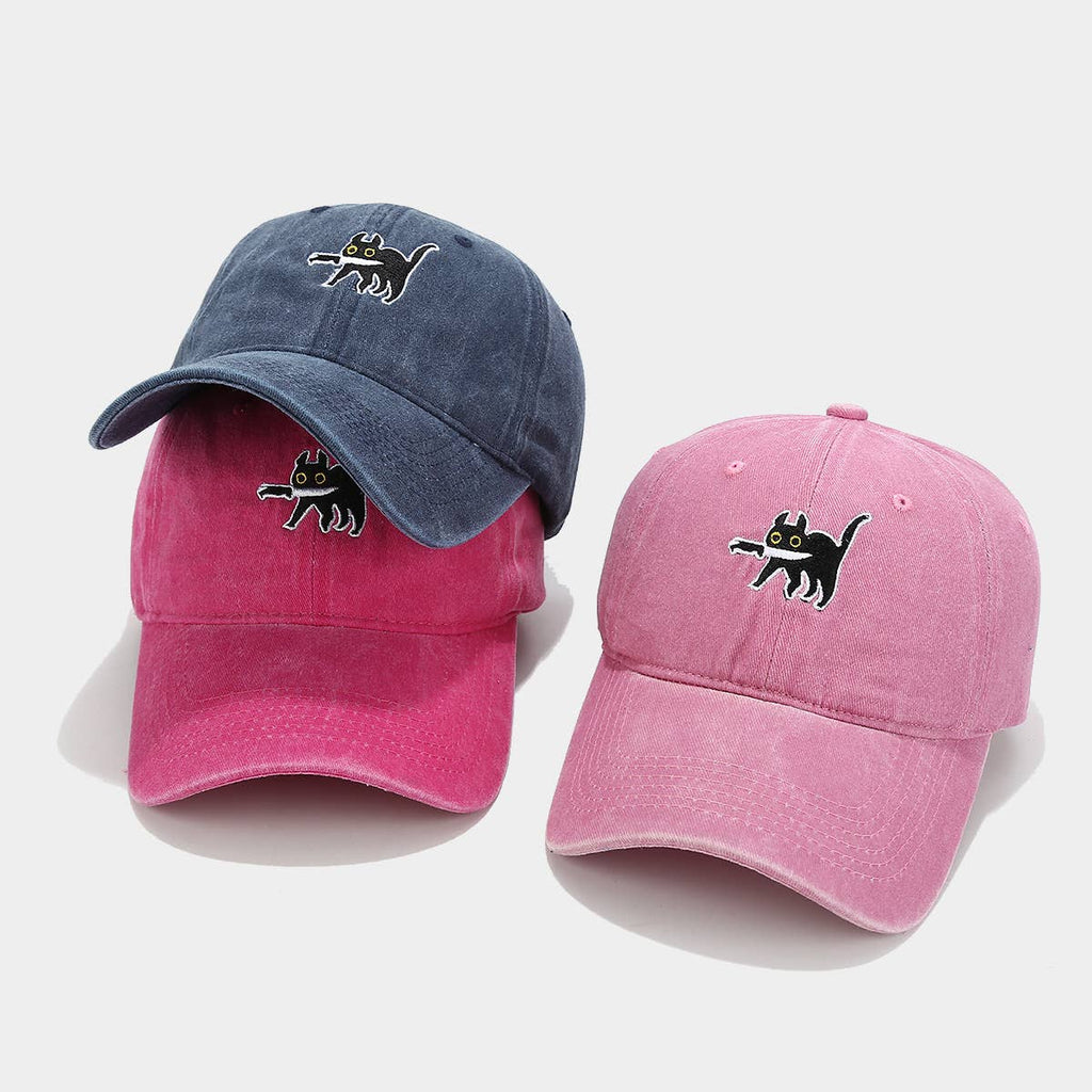 Embroidered Cartoon Cat Washed Baseball Cap