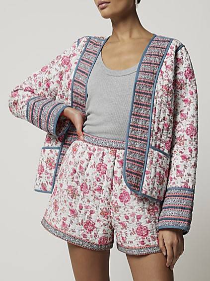 Floral Quilted Open Front Jacket - pink