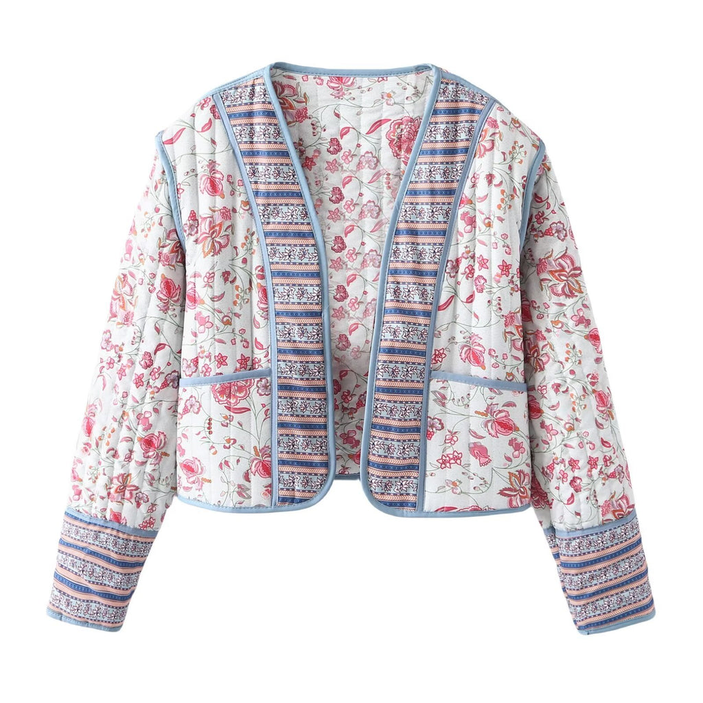 Floral Quilted Open Front Jacket - pink - 1