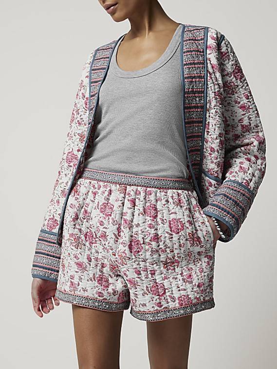 Floral Quilted Open Front Jacket - pink - 13