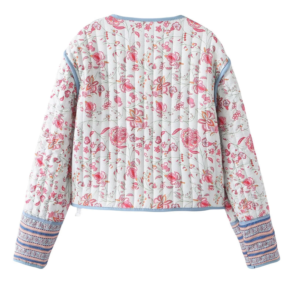 Floral Quilted Open Front Jacket - pink - 2