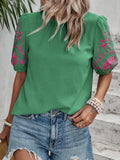 Embroidered Puff Sleeve Textured Top - Green