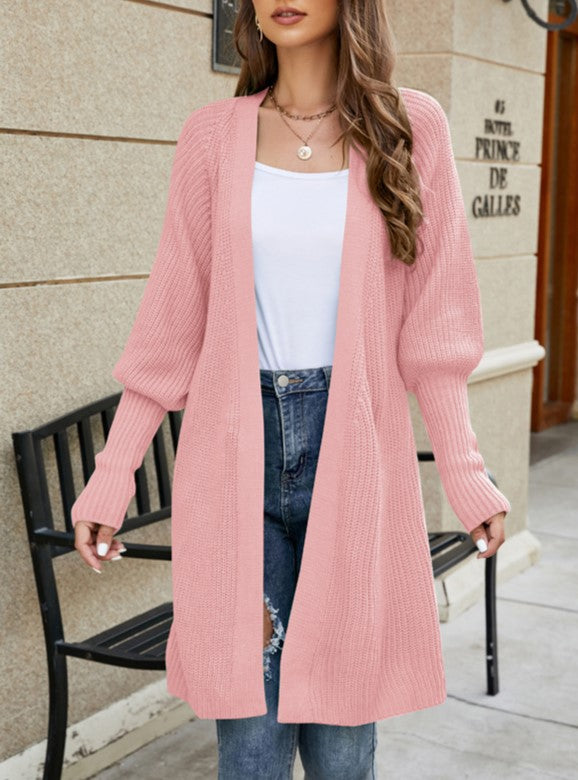 Belted Longline Open Front Knit Cardigan - Pink - 1
