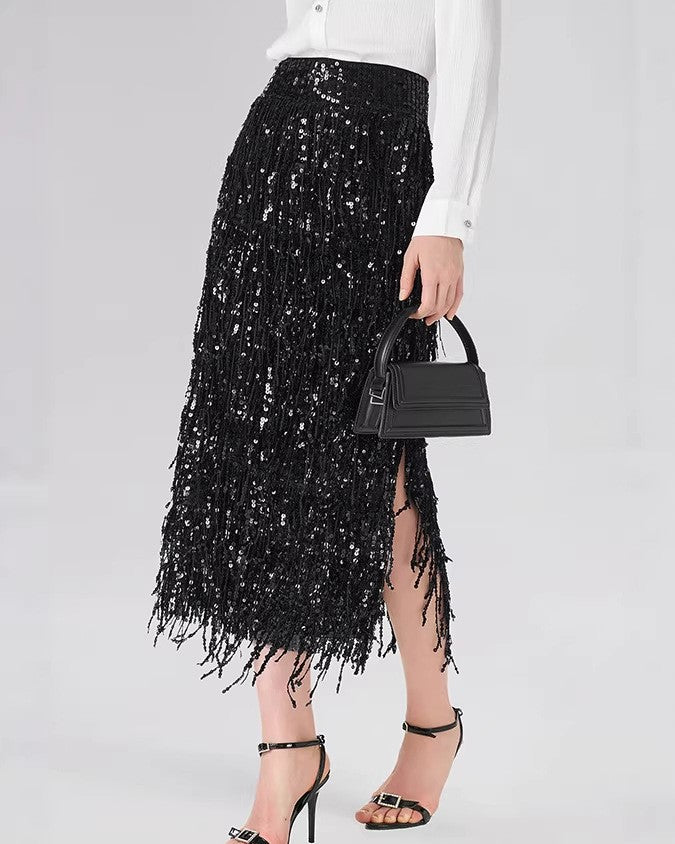 Sequin Fringe Midi Skirt With Side Slit - Black