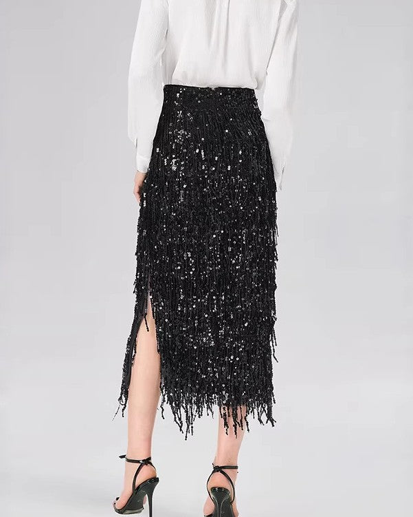 Sequin Fringe Midi Skirt With Side Slit - Black - 1
