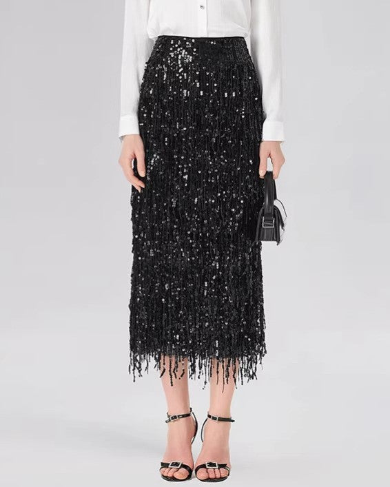 Sequin Fringe Midi Skirt With Side Slit - Black - 2