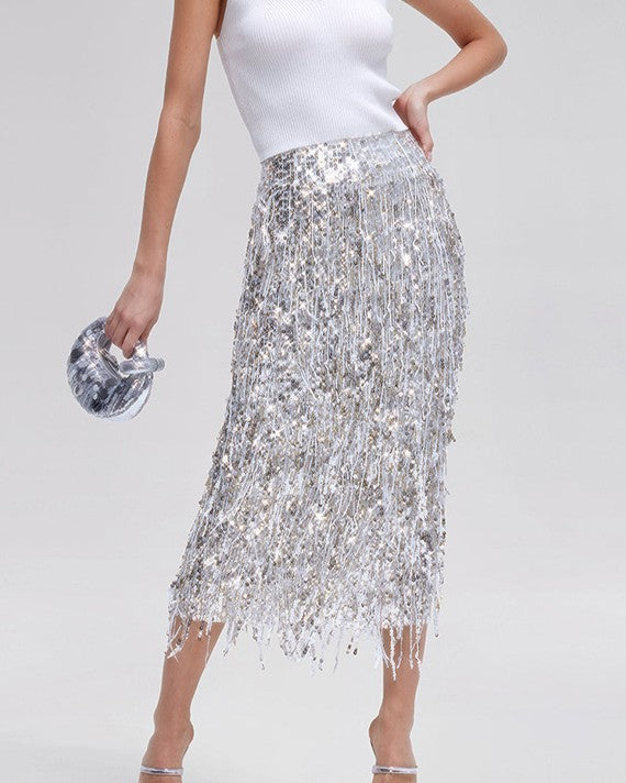 Sequin Fringe Midi Skirt With Side Slit - Silver