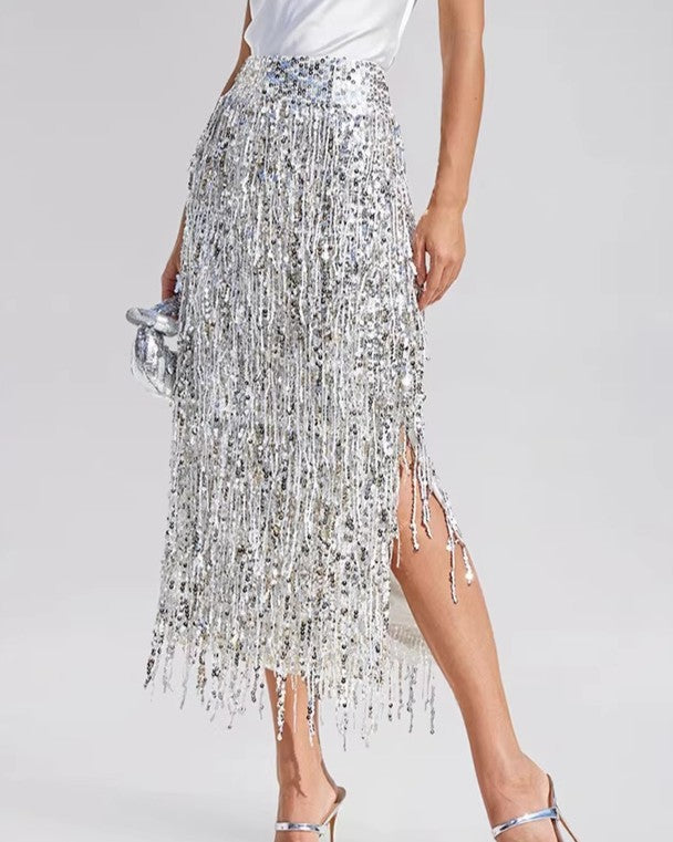 Sequin Fringe Midi Skirt With Side Slit - Silver - 1