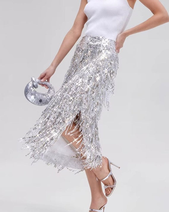 Sequin Fringe Midi Skirt With Side Slit - Silver - 2
