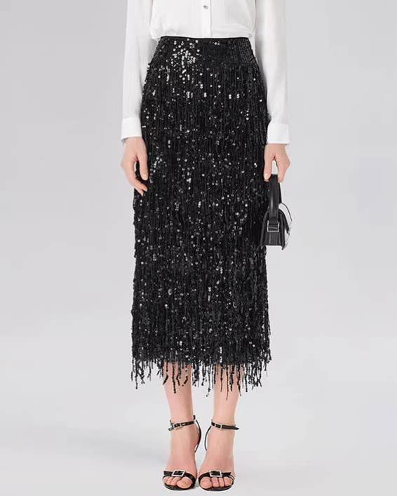 Sequin Fringe Midi Skirt With Side Slit