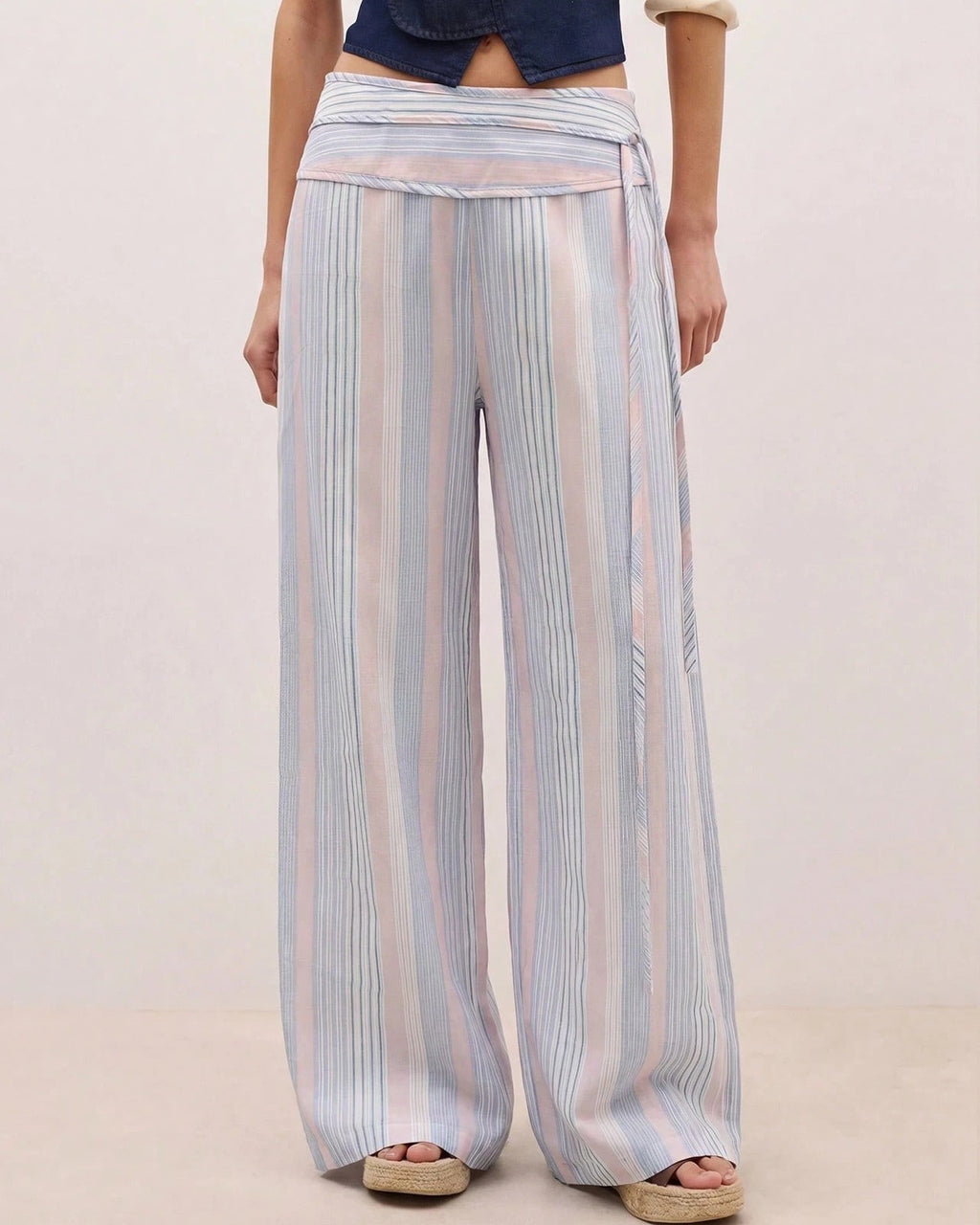 Striped Wide Leg Pants with Wrapped Sash Waist - Blue