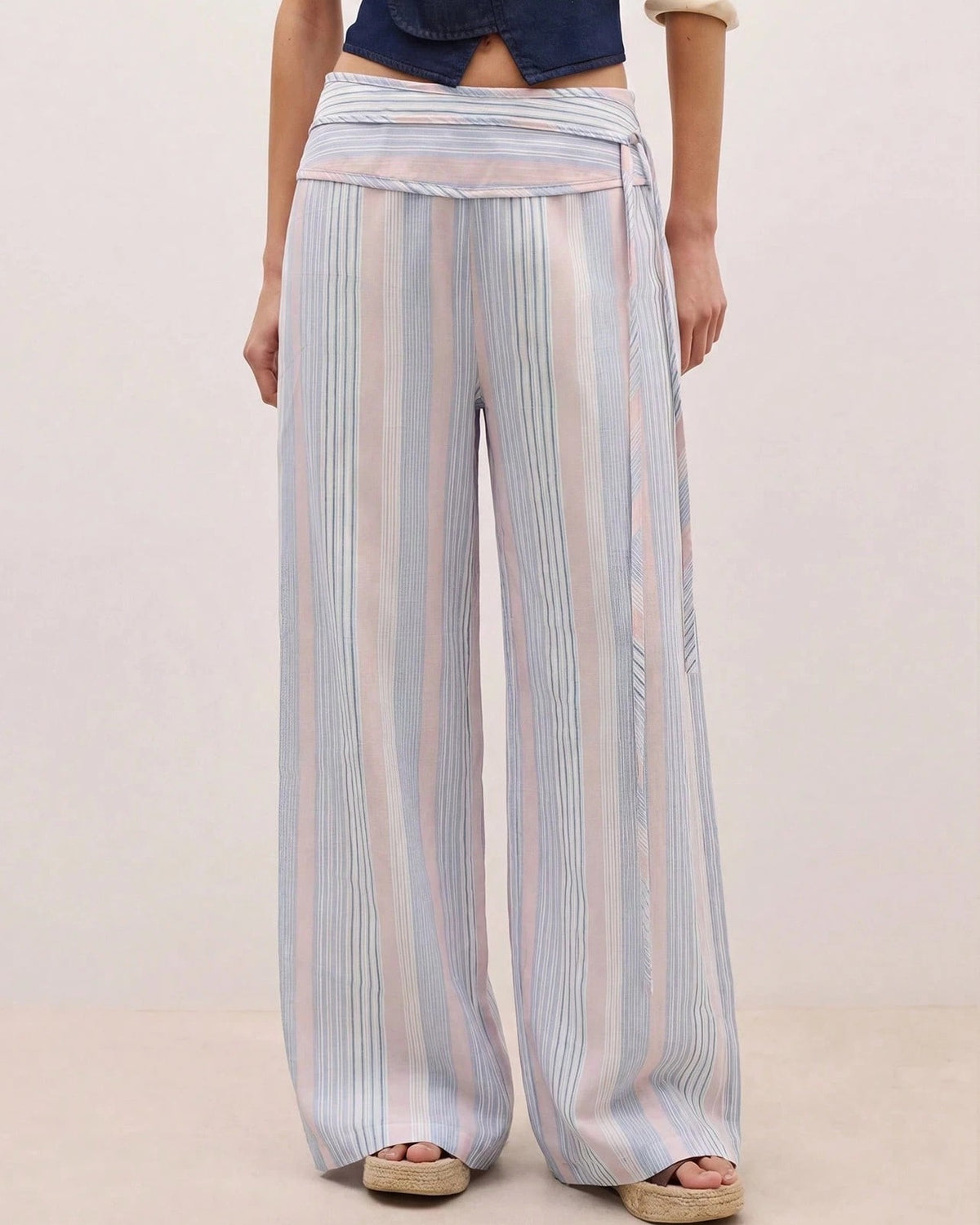 Striped Wide Leg Pants with Wrapped Sash Waist - Blue