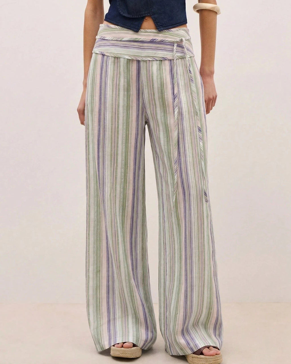 Striped Wide Leg Pants with Wrapped Sash Waist - Green