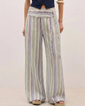 Striped Wide Leg Pants with Wrapped Sash Waist - Green