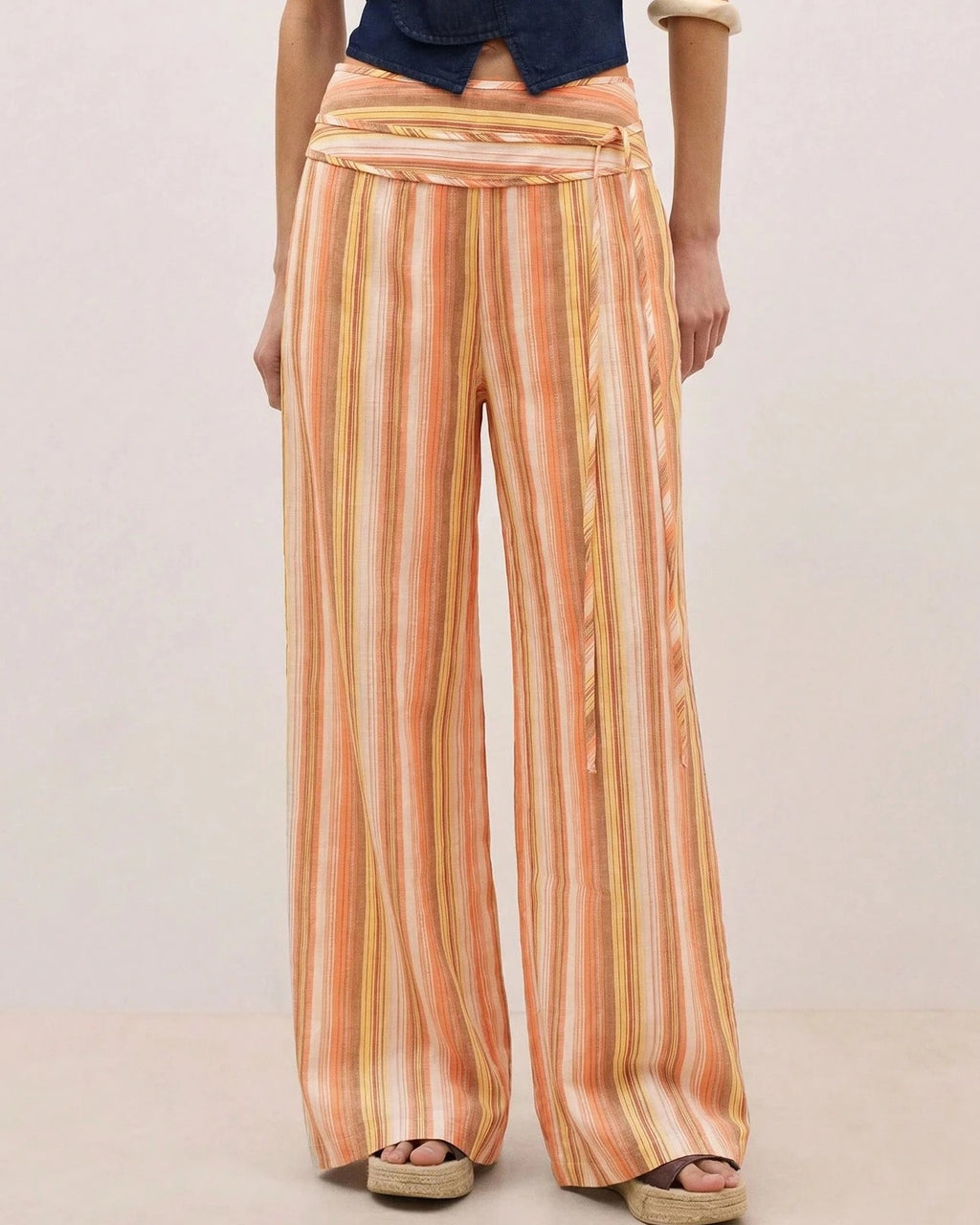 Striped Wide Leg Pants with Wrapped Sash Waist - Orange