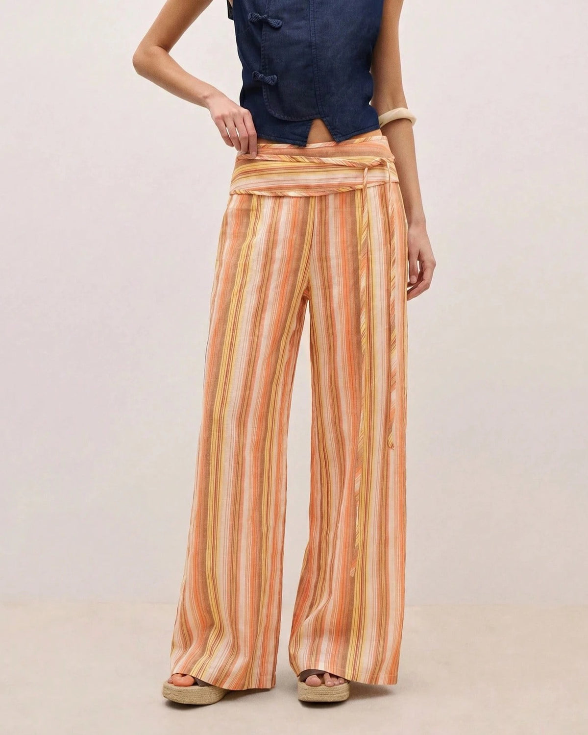 Striped Wide Leg Pants with Wrapped Sash Waist - Orange - 1