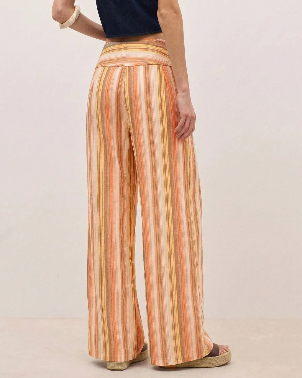 Striped Wide Leg Pants with Wrapped Sash Waist - Orange - 2