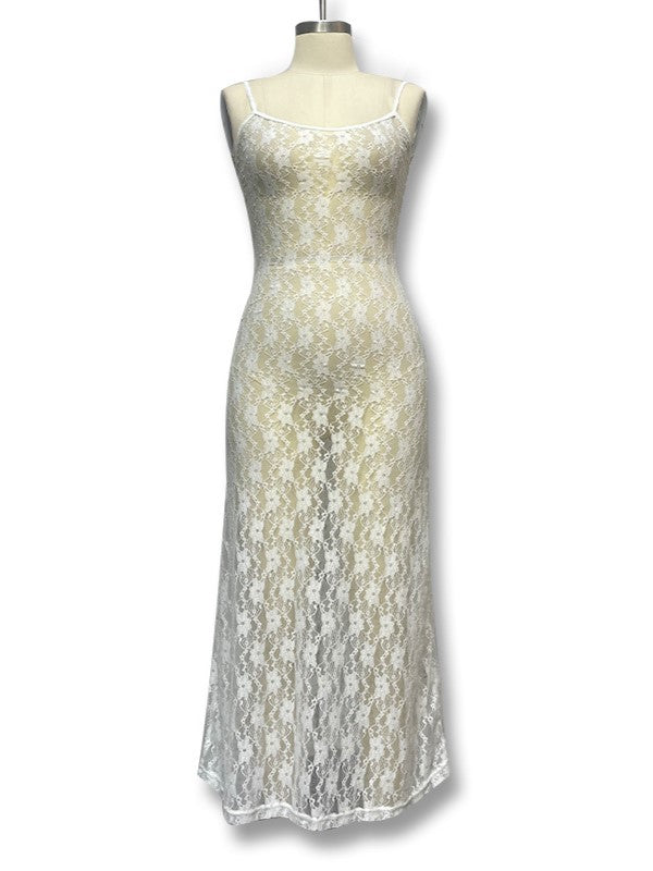 Sheer Floral Lace Slip Maxi Dress - White - 1