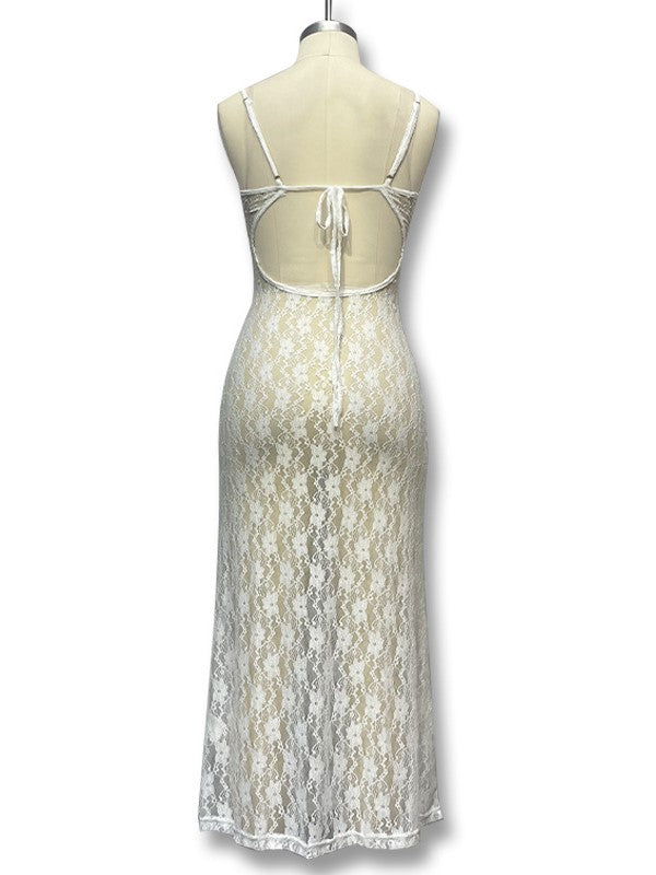 Sheer Floral Lace Slip Maxi Dress - White - 2