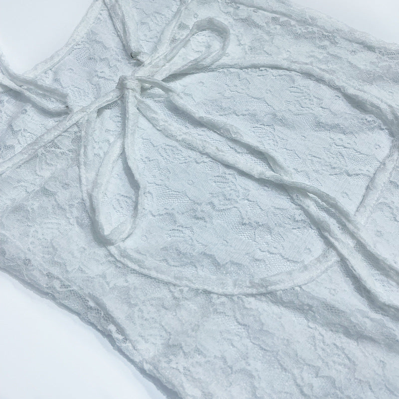 Sheer Floral Lace Slip Maxi Dress - White - 4