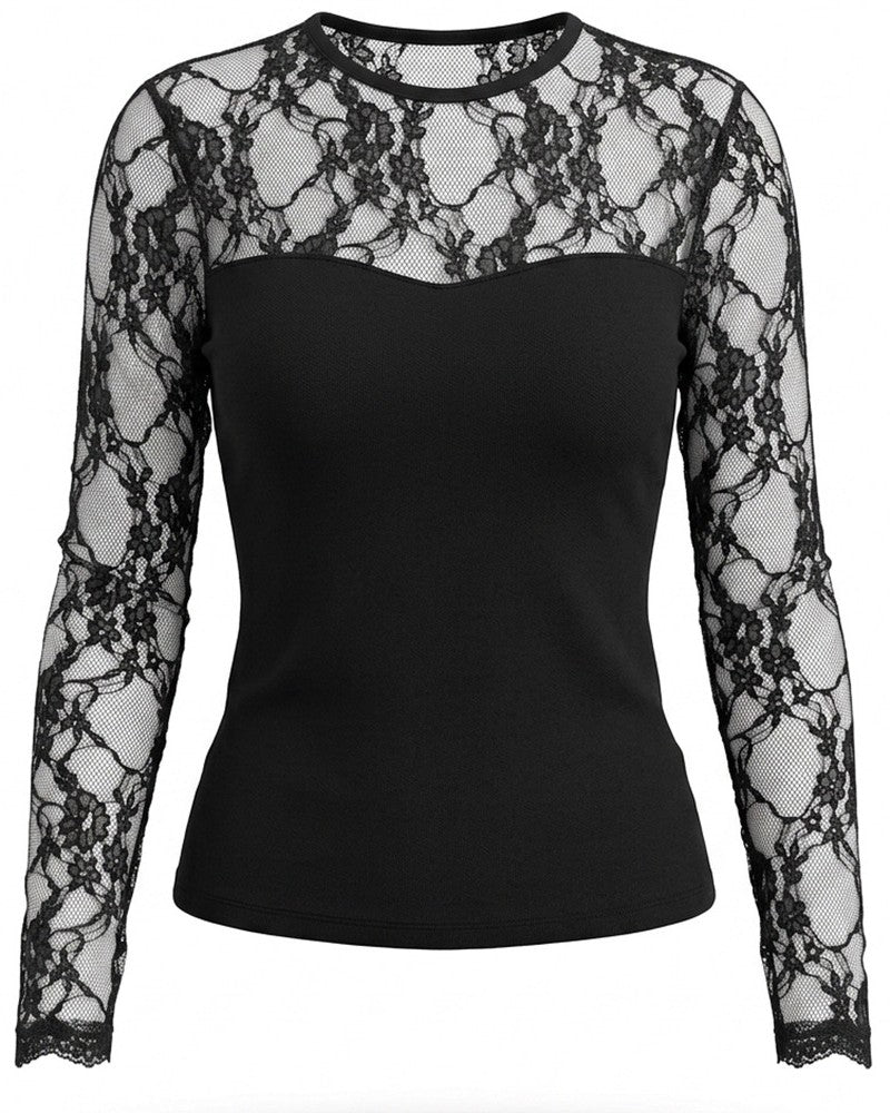 Sheer Lace Yoke Long Sleeve Slim Fit Top - Black