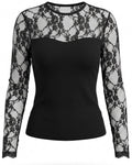 Sheer Lace Yoke Long Sleeve Slim Fit Top - Black